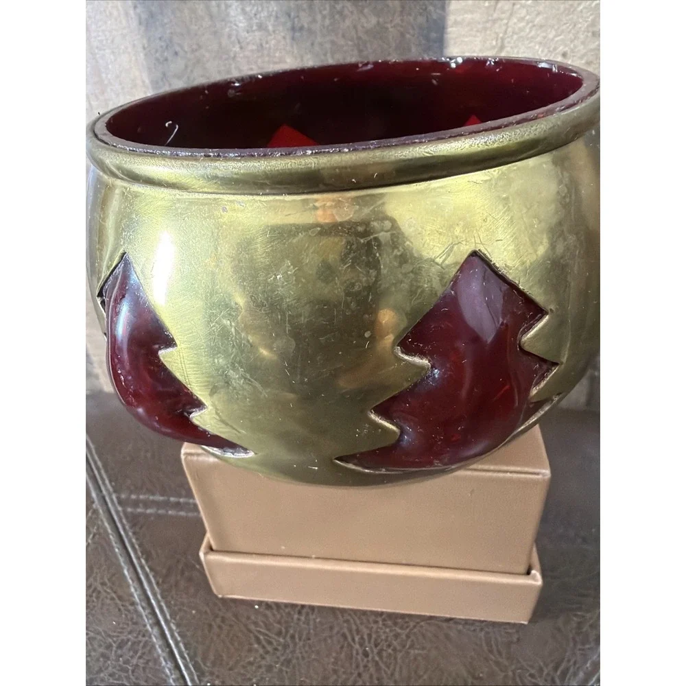 Vintage‎ Brass Ruby Red Glass Christmas Tree Votive Candle Holder Bowl 5.5